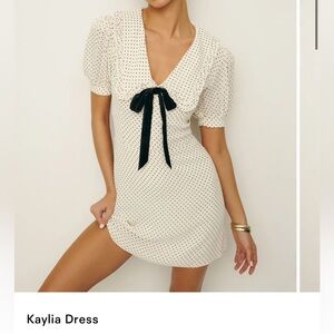 Reformation Cream Polka Dot Mini Dress with Black Bow